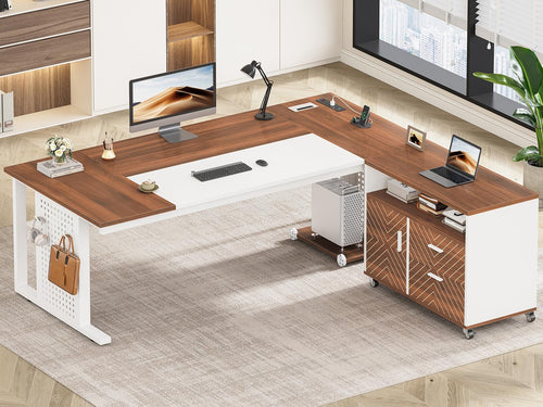 L-Shaped Executive Desk with Rolling File Cabinet & Power Outlets