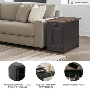 Rustic Chair Side End Table with Pull-Out Tray & USB Ports