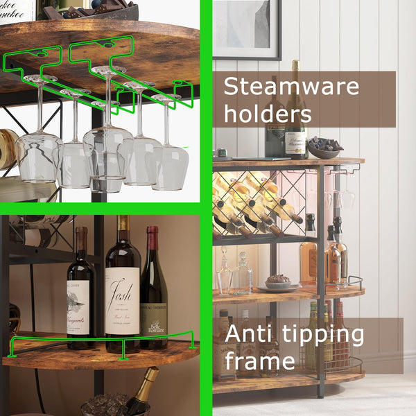 3-Tier Wine Cabinet Bar Cart with LED Light & Power Outlet