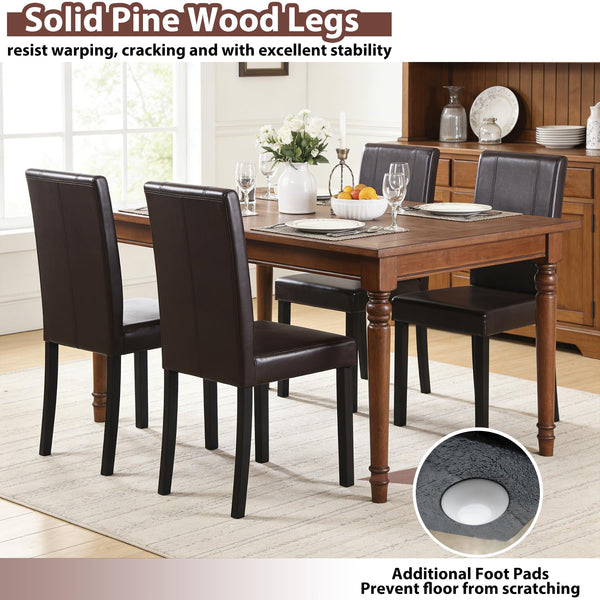 Dining Chair Set of 6 – Brown PU Leather Armless Side Chairs with Solid Wood Legs