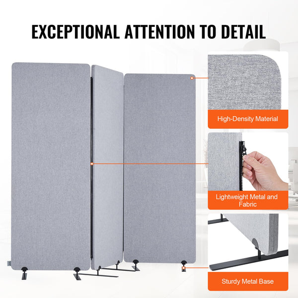 3-Panel Soundproof Room Divider – Folding Privacy Partition, Light Gray