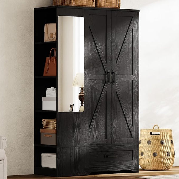 Armoire Wardrobe Closet with Mirror, 2 Doors, Drawer & Shelves – 70"