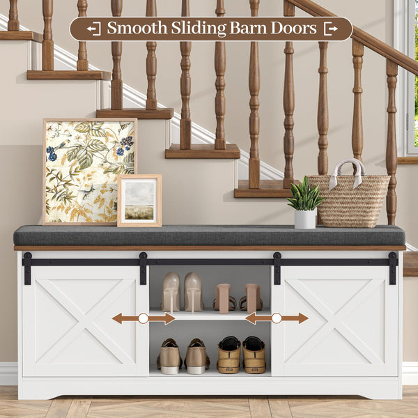 Farmhouse Shoe Bench with Cushion & Sliding Barn Doors
