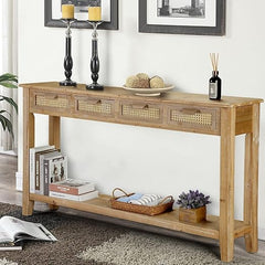 Farmhouse Console Table with Rattan Drawers & Open Shelf