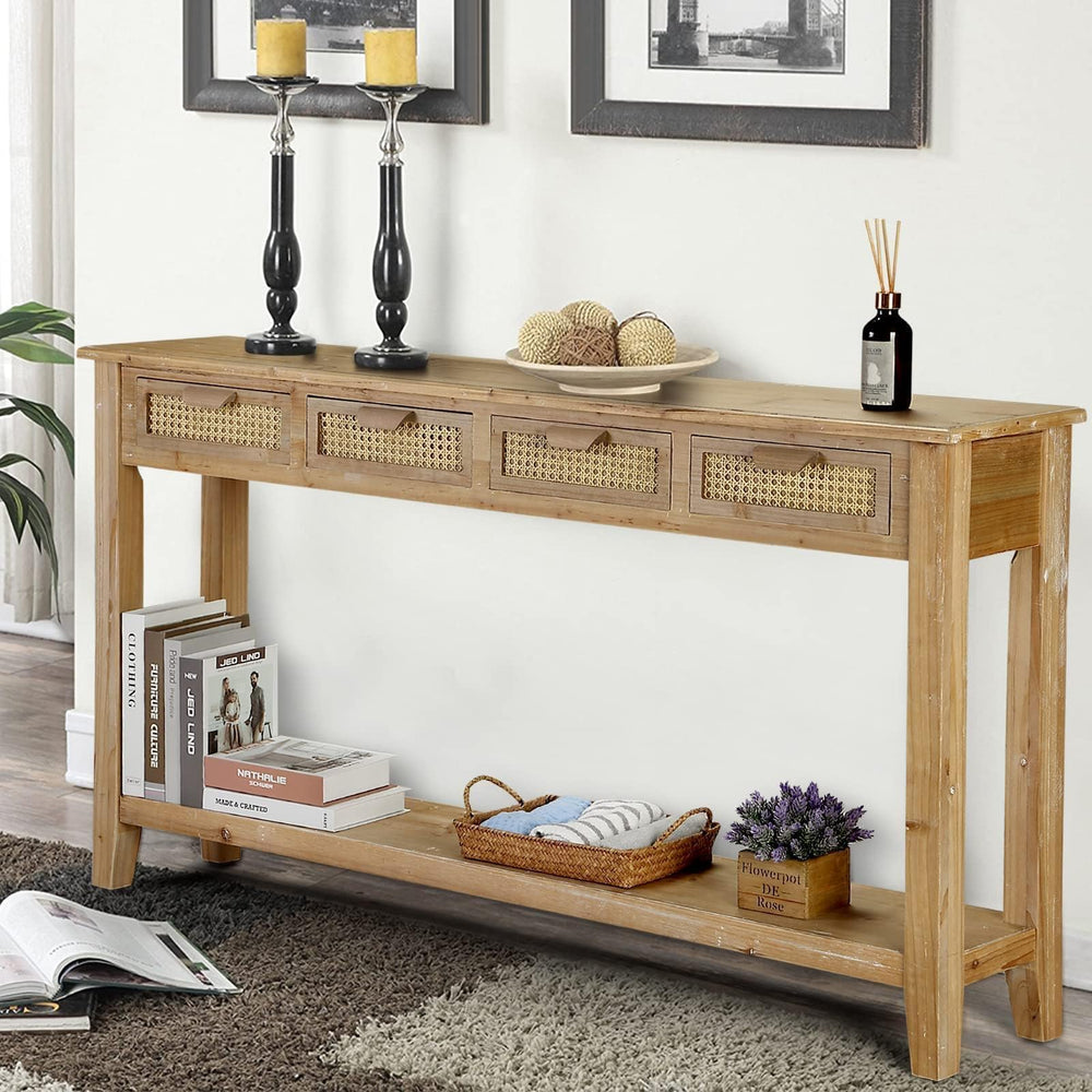 Farmhouse Console Table with Rattan Drawers & Open Shelf