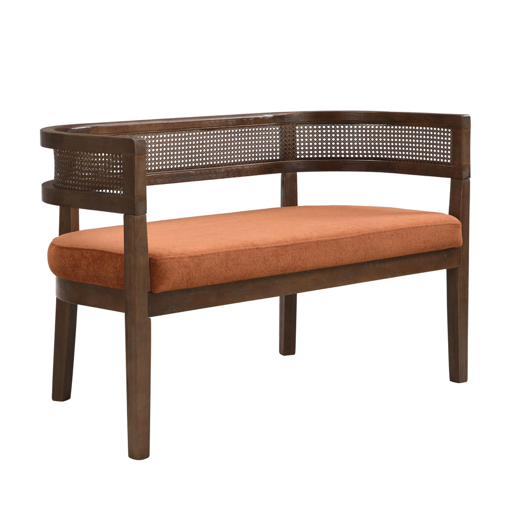 Fabric Upholstered Loveseat with Rattan Backrest & Rubberwood Frame