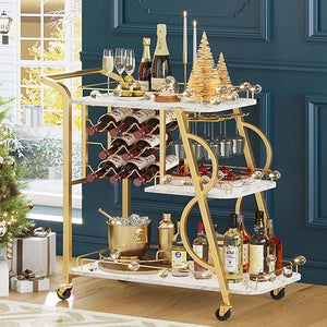 3-Tier Rolling Bar Cart with Wine Glass Holder