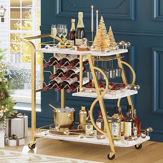 3-Tier Rolling Bar Cart with Wine Glass Holder