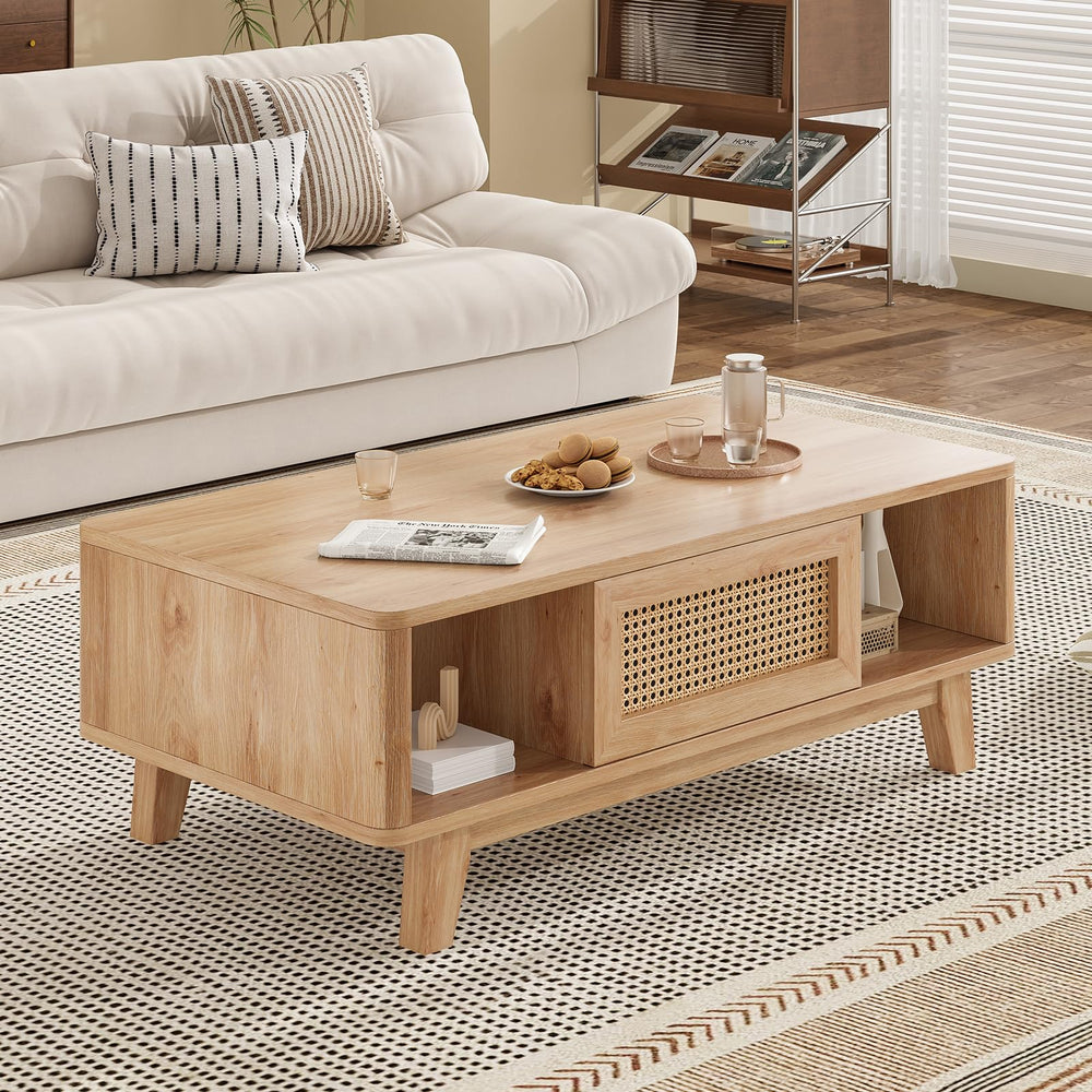 Mid-Century Coffee Table with Rattan Drawer