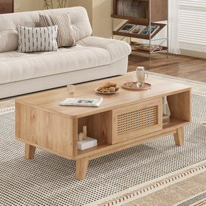 Mid-Century Coffee Table with Rattan Drawer