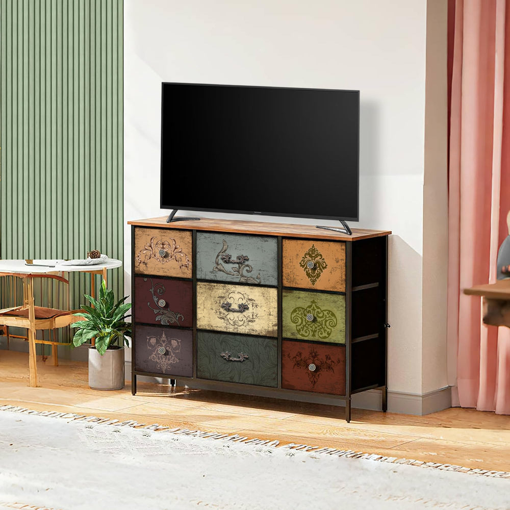 9-Drawer Fabric Dresser with Metal Frame & Wood Top