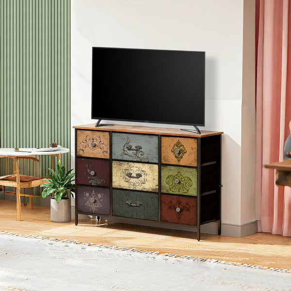 9-Drawer Fabric Dresser with Metal Frame & Wood Top