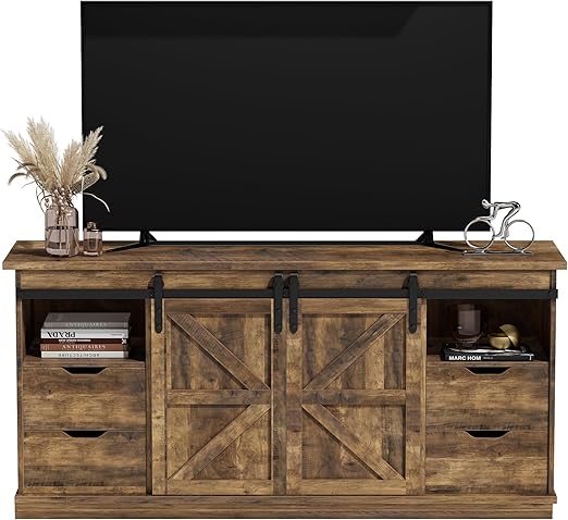 58" Farmhouse TV Stand with Barn Doors & 4 Drawers