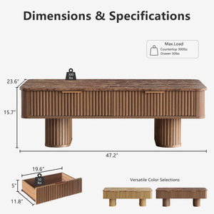 Fluted Coffee Table with Storage & Faux Marble Top