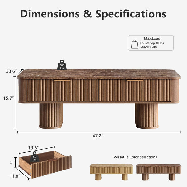 Fluted Coffee Table with Storage & Faux Marble Top