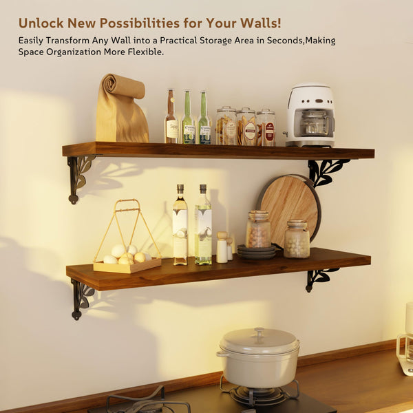 Solid Wood Floating Wall Shelves with Metal Brackets – Set of 2