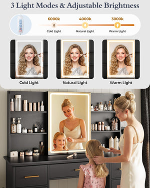 Vanity Desk with LED Mirror & Sliding Mirror