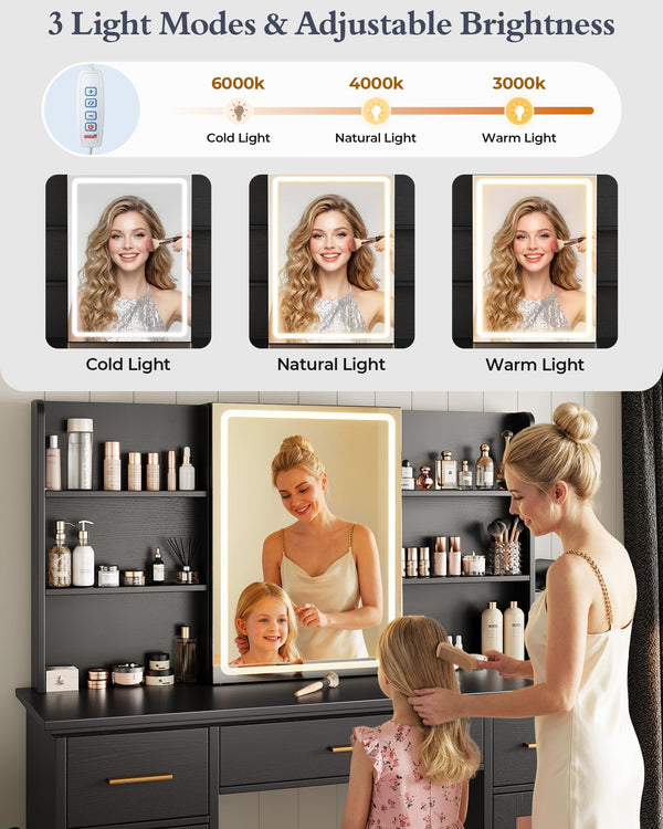 Vanity Desk with LED Mirror & Sliding Mirror