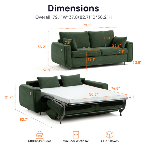 Queen Sleeper Sofa Bed with USB Charging & Memory Foam Mattress