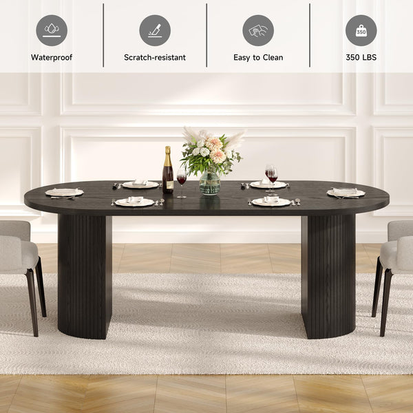 70.8 Inch Oval Dining Table for 4-6 | Modern Kitchen Table with Fluted Wood Strip Base