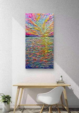 Abstract Sunrise Canvas Wall Art – Hand-Painted Knife Painting, 24x48 Inch