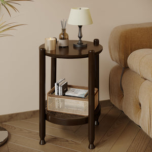 2-Tier Round End Table with Rattan Storage Shelf