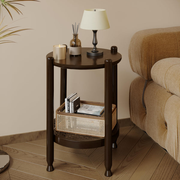 2-Tier Round End Table with Rattan Storage Shelf