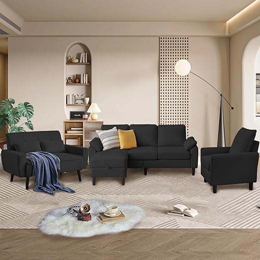 4-Piece Corduroy Living Room Set – Sofa, Loveseat & Ottoman