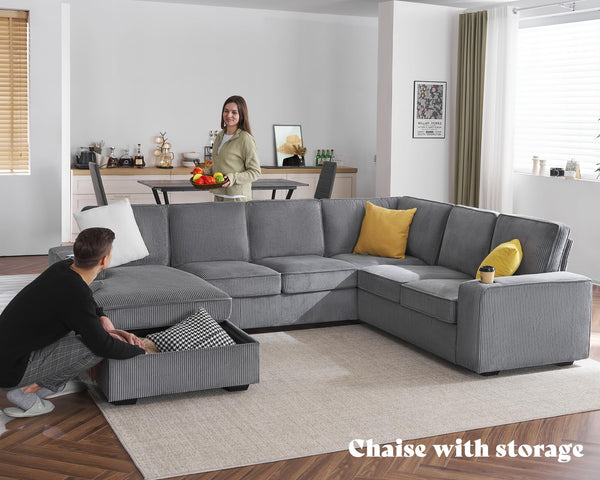 U-Shaped Sectional Sofa with Storage Chaise & Charging Ports