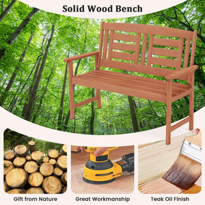Outdoor 2-Person Wood Patio Bench with Armrests & Inclined Backrest