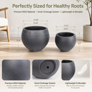 Round Planter Pots Set of 2 — Outdoor & Indoor, MGO, Drainage Hole, 13" & 10"