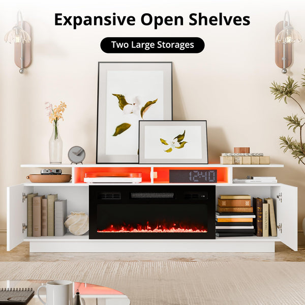 Electric Fireplace TV Stand with LED Backlight & Storage – 65" White