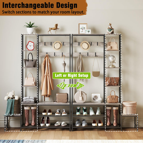 5-in-1 Hall Tree with Shoe Bench, Coat Rack & 4-Tier Shelves, Industrial
