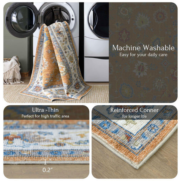 Oushak Washable Area Rug – Orange Ochre Floral, Non-Slip, Machine Washable