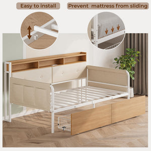 Twin Daybed with Storage Drawers, Upholstered Headboard & Charging Station