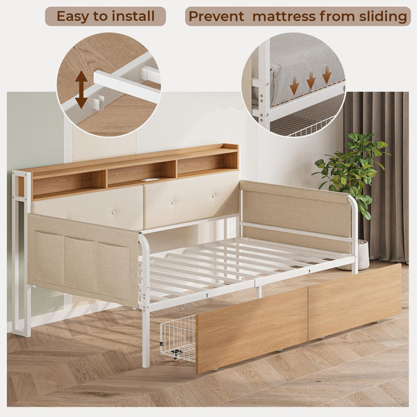 Twin Daybed with Storage Drawers, Upholstered Headboard & Charging Station