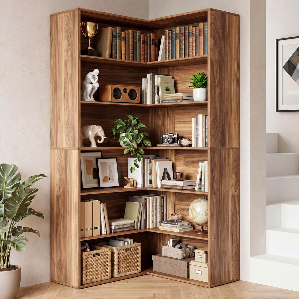 ANCTOR Corner Bookshelf, 6 Tiers Corner Bookcases with Baffles Etagere Shelf Storage Rack for Living Room Home Office, Oak Brown
