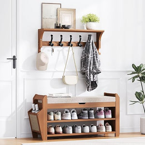 Bamboo Shoe Rack Bench with Cushion & Flip-Top Storage