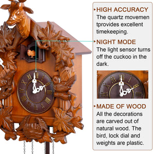 Handcrafted Wood Cuckoo Clock with Bird & Night Sensor