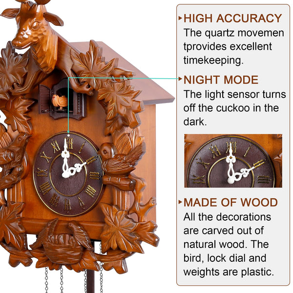 Handcrafted Wood Cuckoo Clock with Bird & Night Sensor