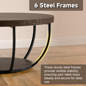 Round Coffee Table with 2-Tier Storage & Steel Frame