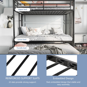 Metal Bunk Bed with Trundle & Safety Guardrails