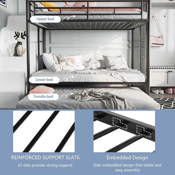 Metal Bunk Bed with Trundle & Safety Guardrails