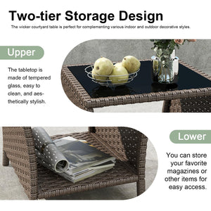 Outdoor Wicker Side Table Set of 2 with Tempered Glass Top & Storage Shelf