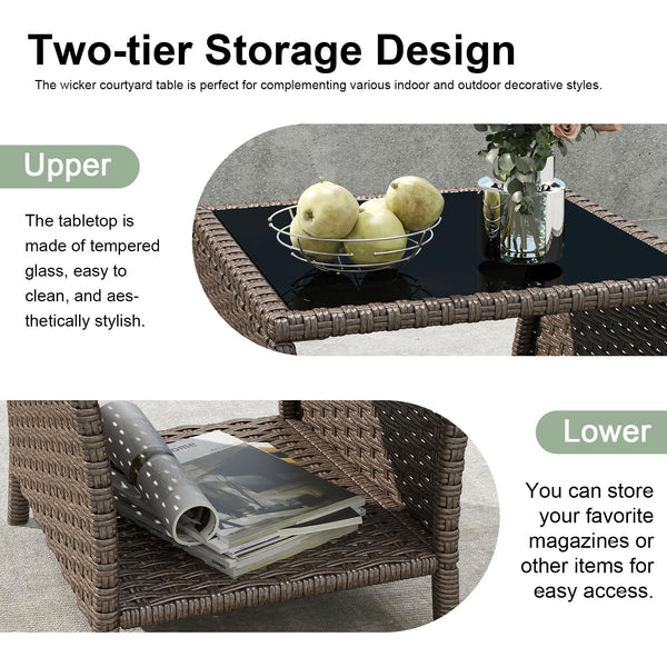 Outdoor Wicker Side Table Set of 2 with Tempered Glass Top & Storage Shelf