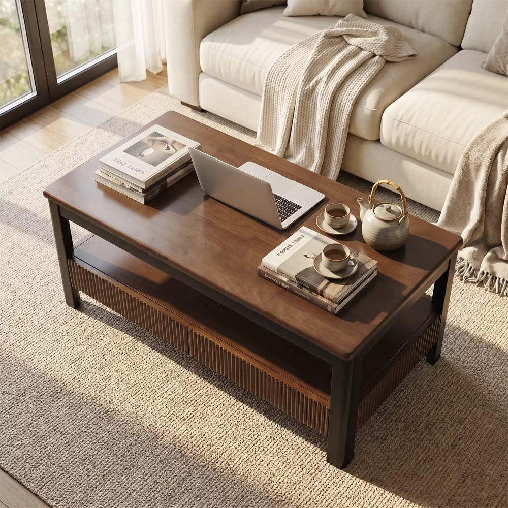 Mid-Century Solid Wood Coffee Table with 2 Drawers & Open Shelf