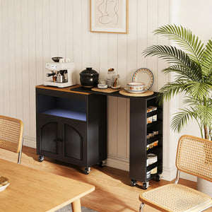 Rolling Kitchen Island with Power Outlet, LED Light & Glass Doors