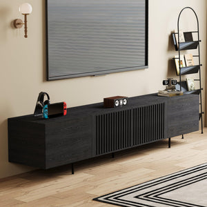 94" Mid-Century Modern Black TV Stand with Wood Slatted Doors & Metal Base
