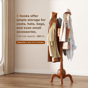 Freestanding Wood Coat Rack with 8 Hooks