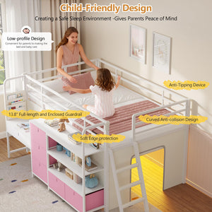Twin Low Loft Bed with Desk, Storage Drawers, Bookshelf & LED Lights